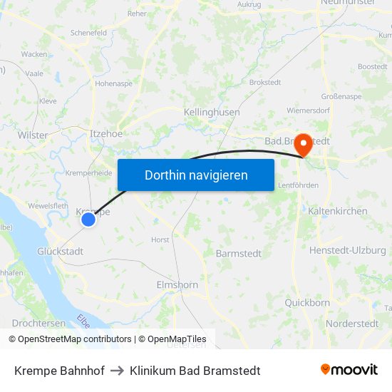 Krempe Bahnhof to Klinikum Bad Bramstedt map