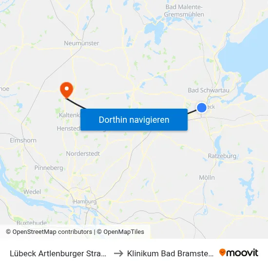 Lübeck Artlenburger Straße to Klinikum Bad Bramstedt map