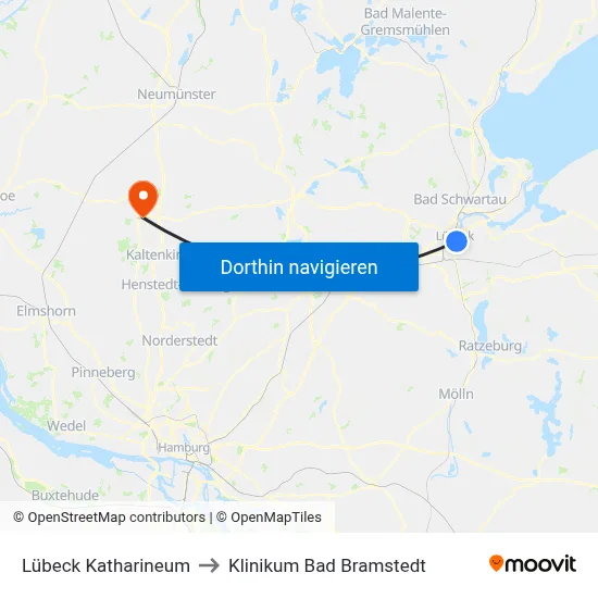 Lübeck Katharineum to Klinikum Bad Bramstedt map