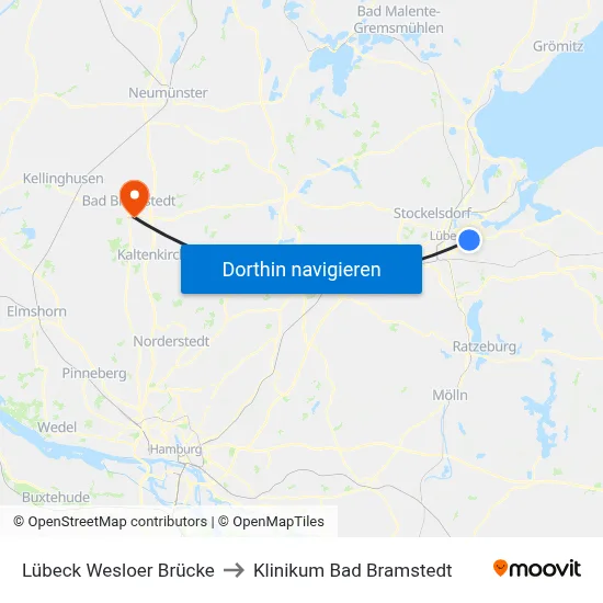 Lübeck Wesloer Brücke to Klinikum Bad Bramstedt map