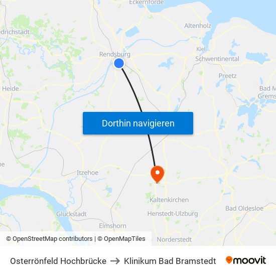 Osterrönfeld Hochbrücke to Klinikum Bad Bramstedt map