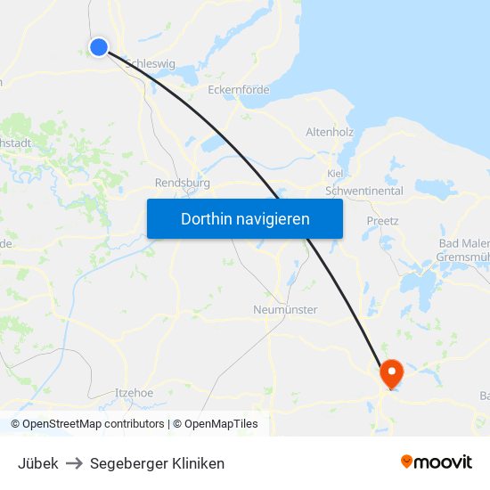 Jübek to Segeberger Kliniken map
