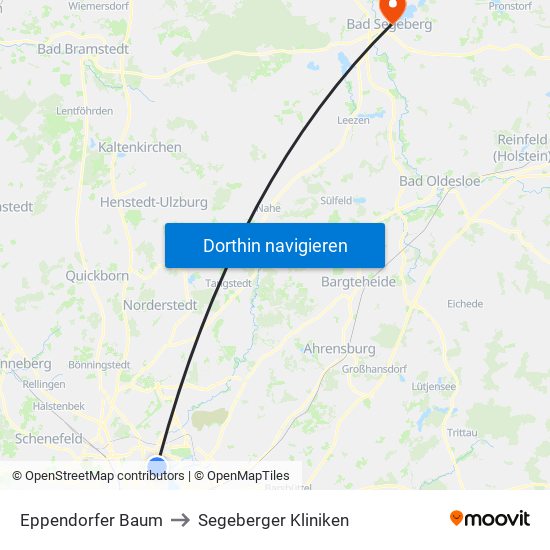 Eppendorfer Baum to Segeberger Kliniken map