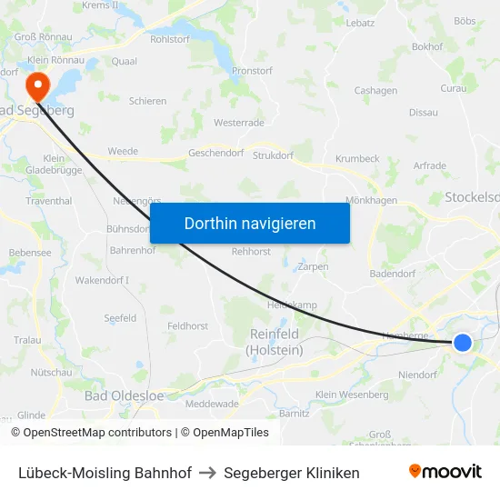 Lübeck-Moisling Bahnhof to Segeberger Kliniken map