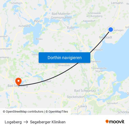 Logeberg to Segeberger Kliniken map