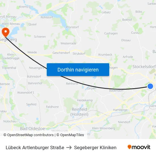 Lübeck Artlenburger Straße to Segeberger Kliniken map