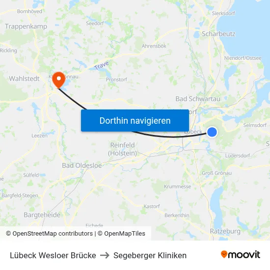 Lübeck Wesloer Brücke to Segeberger Kliniken map