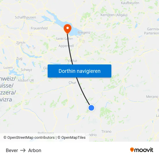 Bever to Arbon map