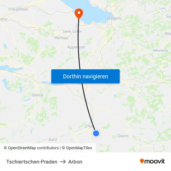 Tschiertschen-Praden to Arbon map