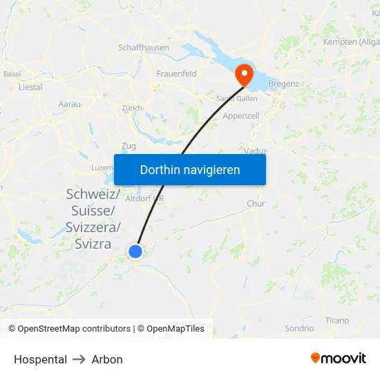 Hospental to Arbon map