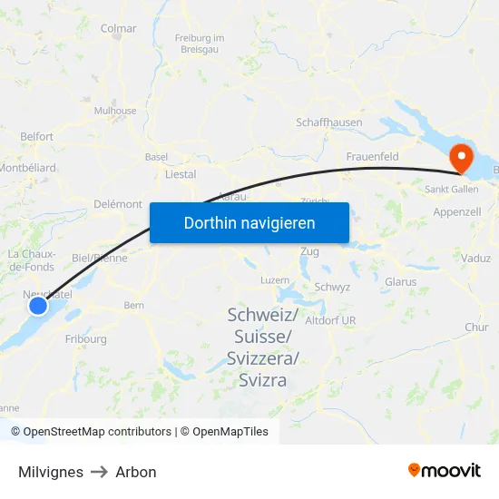 Milvignes to Arbon map