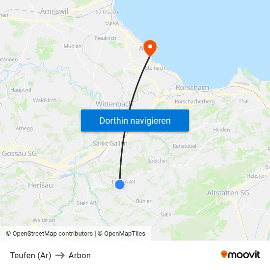 Teufen (Ar) to Arbon map