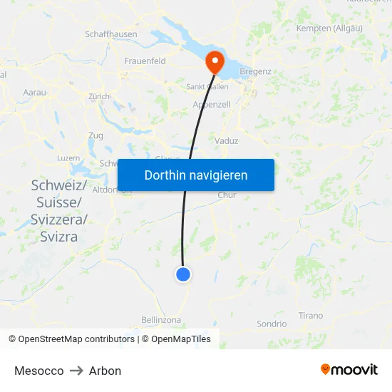 Mesocco to Arbon map