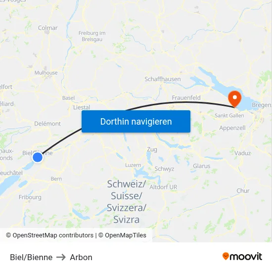 Biel/Bienne to Arbon map