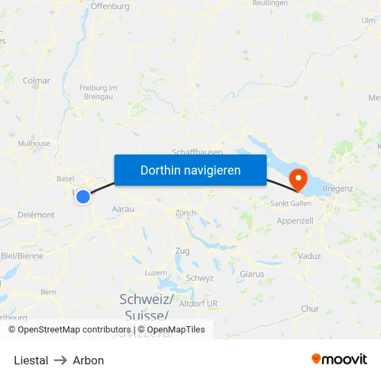 Liestal to Arbon map