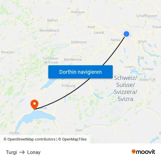 Turgi to Lonay map