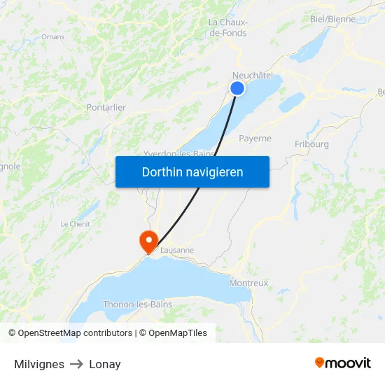 Milvignes to Lonay map