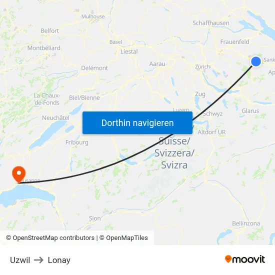 Uzwil to Lonay map