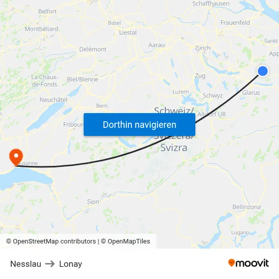 Nesslau to Lonay map