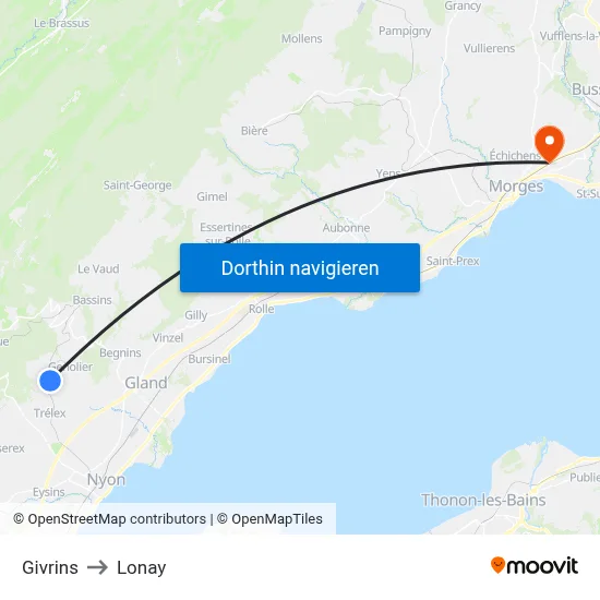 Givrins to Lonay map