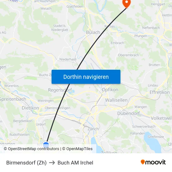 Birmensdorf (Zh) to Buch AM Irchel map