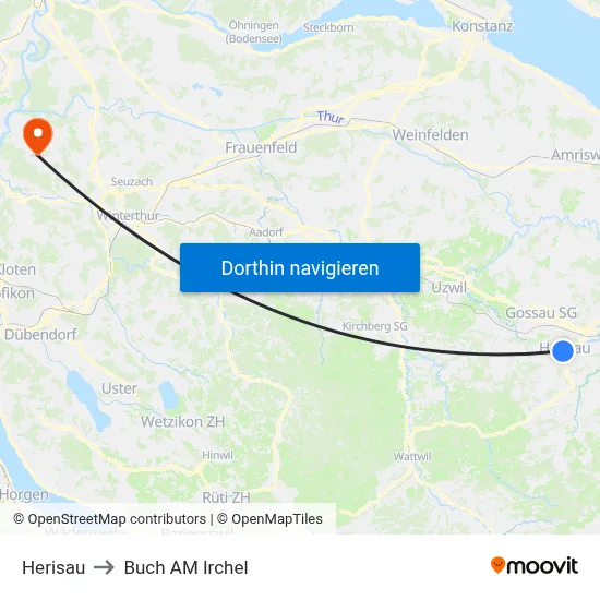 Herisau to Buch AM Irchel map