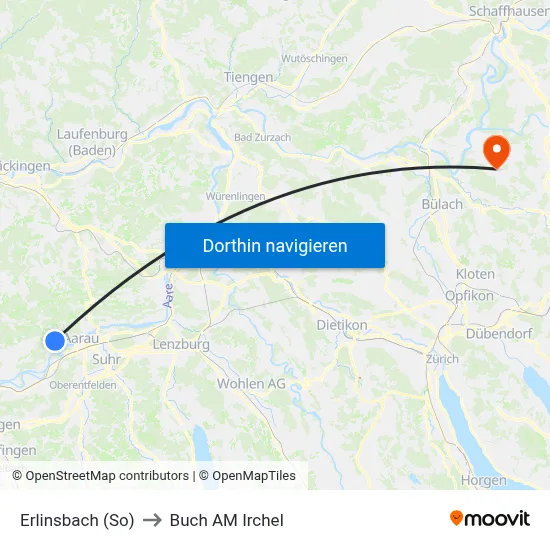 Erlinsbach (So) to Buch AM Irchel map