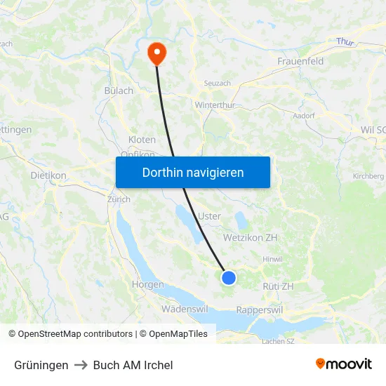Grüningen to Buch AM Irchel map