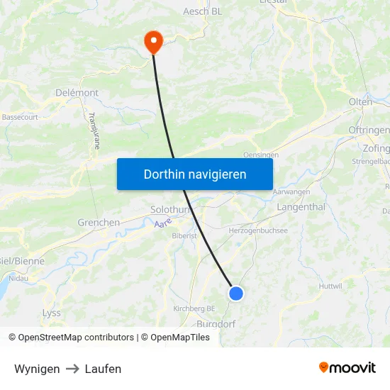 Wynigen to Laufen map