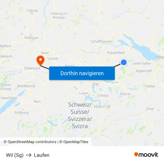 Wil (Sg) to Laufen map