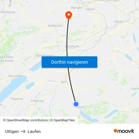 Uttigen to Laufen map