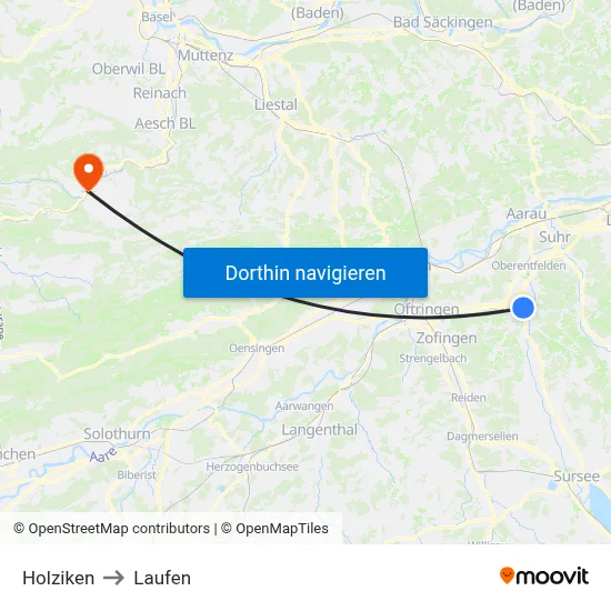 Holziken to Laufen map