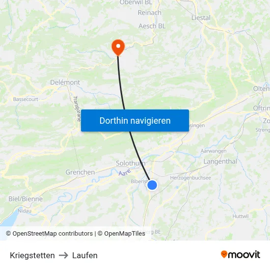 Kriegstetten to Laufen map