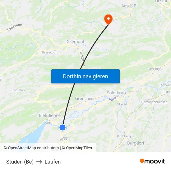 Studen (Be) to Laufen map