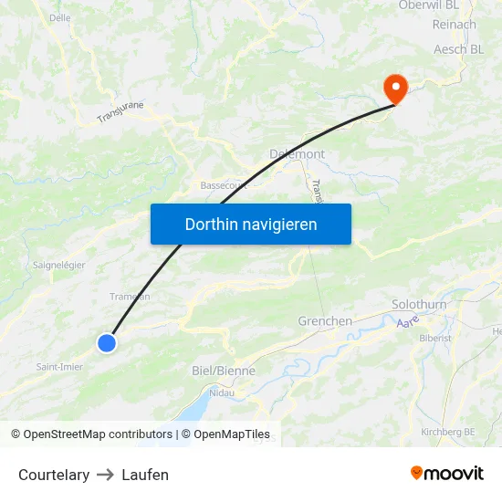 Courtelary to Laufen map