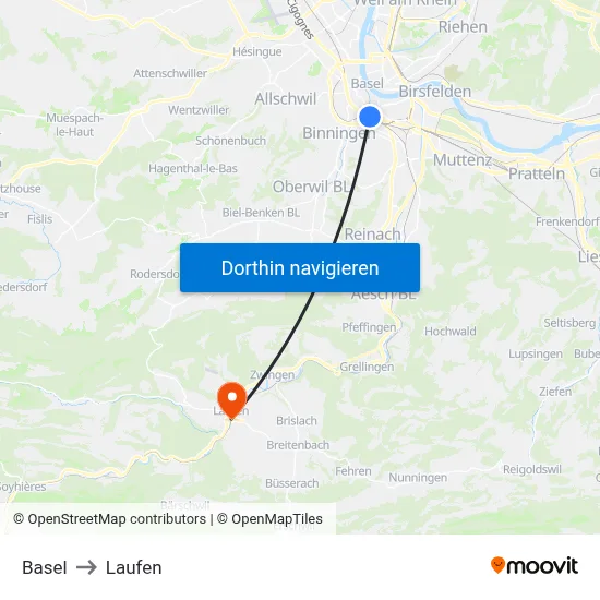 Basel to Laufen map