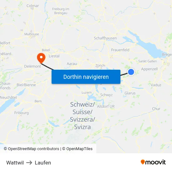 Wattwil to Laufen map