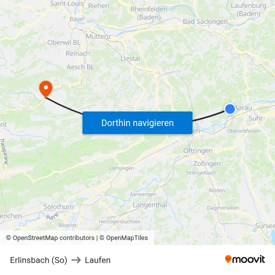 Erlinsbach (So) to Laufen map