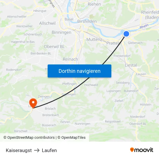 Kaiseraugst to Laufen map