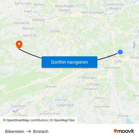 Biberstein to Brislach map