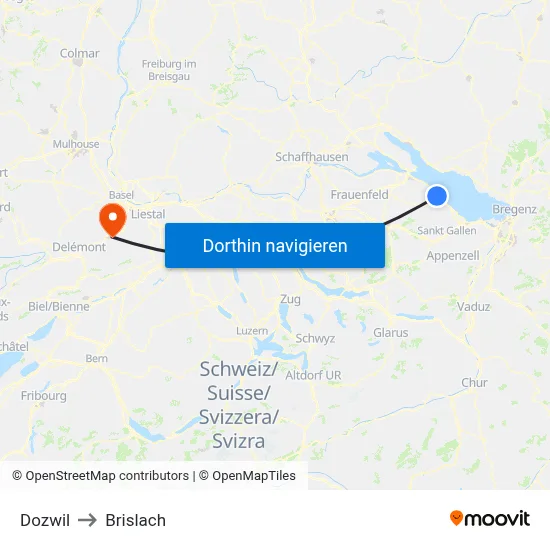 Dozwil to Brislach map