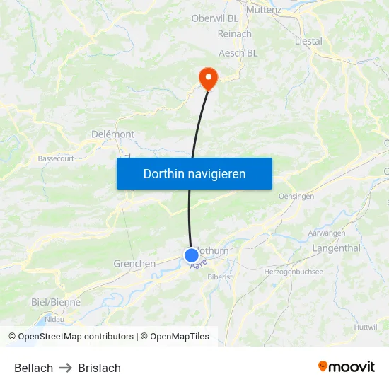 Bellach to Brislach map