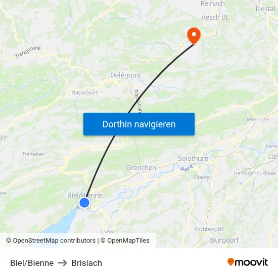 Biel/Bienne to Brislach map