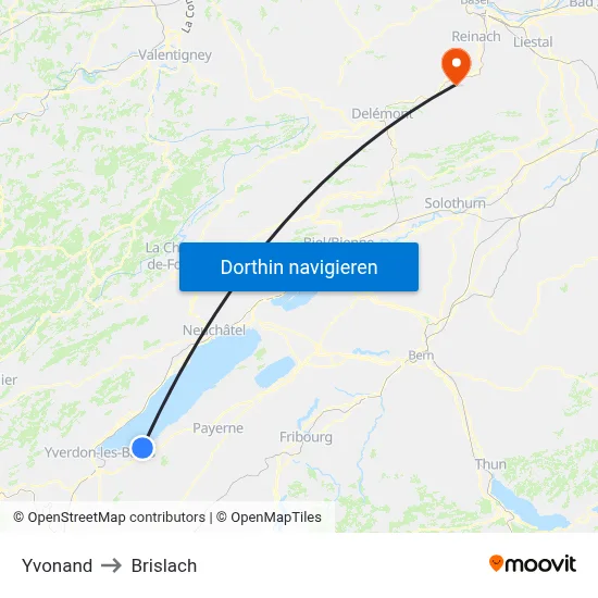 Yvonand to Brislach map
