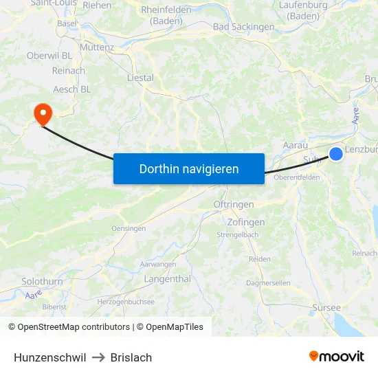 Hunzenschwil to Brislach map
