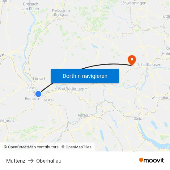 Muttenz to Oberhallau map