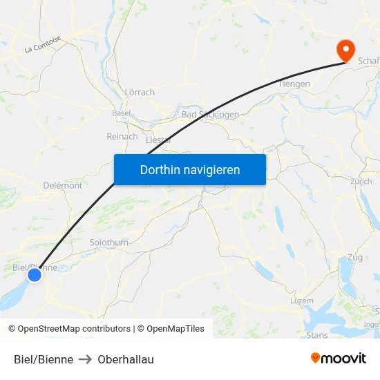 Biel/Bienne to Oberhallau map