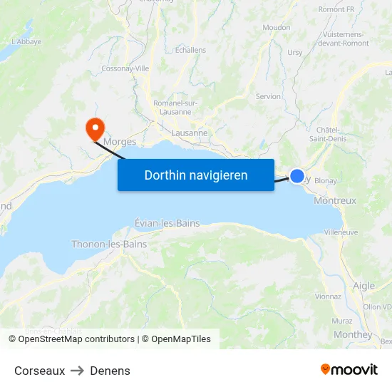 Corseaux to Denens map
