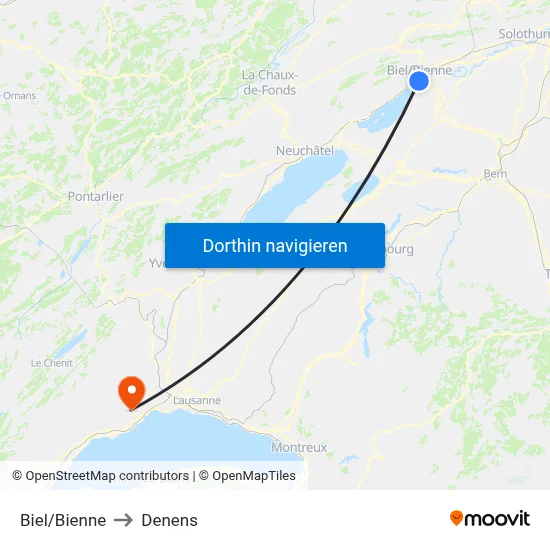 Biel/Bienne to Denens map