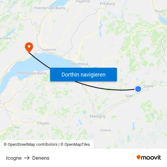 Icogne to Denens map